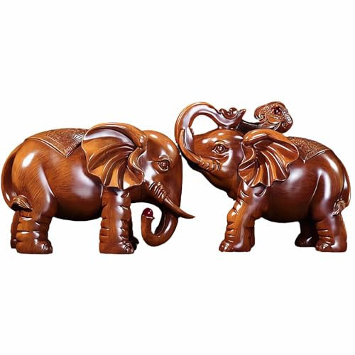 Xtroml Satz von 2 Holzelefant Tierskulptur aus Massivholz,Glück Reichtum Elefant, Ornamente Statue Skulptur Feng Shui Holzmaserung Home Desktop Dekoration Geschenk,Brown