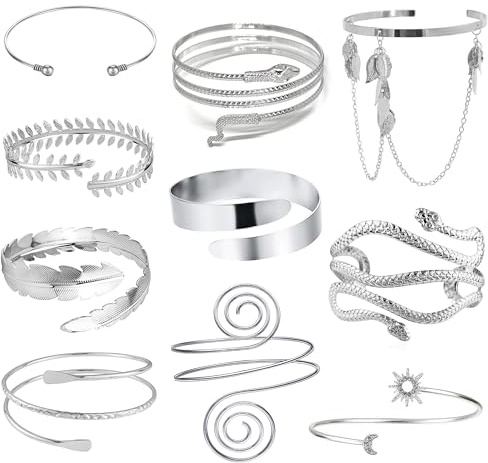 EIELO 10Pcs Arm Cuff Bracelets for Women Upper Arm Bands Snake Feather Armband Greek Goddess Filigree Swirl Boho Armlet Cuff Bangle Adjustable Silvery Arm Bracelet Set