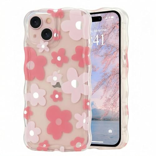 Micoden for iPhone 14 Case Clear with Flower Floral Anti-Yellowing | Cute Curly Wave Frame,Soft TPU Slim Bumper,Shockproof Anti-Scratch Protective Wavy Cover for Girls Women-Pink