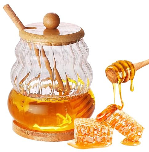 Dzmuero Tarro para Miel, 400ML Dispensador de Miel, Cuchara Miel, Tarro de Miel de Madera con Tapa, Recipiente de Cristal Sellado, Tarro de Boca Ancha para Guardar