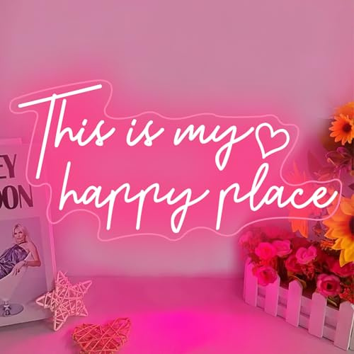 Letrero de neón LED rosa con texto en inglés This is My Happy Place, decoración estética de habitación para adolescentes, letreros de luz de neón para dormitorio, salón, dormitorio universitario