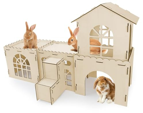 YUEPET Extra Large Wooden Bunny Castle, Ventilated Rabbit Castle Hideaway with Stairs, Detachable Small Animal Hideout & Habitats for Indoor Outdoor Dwarf Rabbits Bunnies to Hide & Play