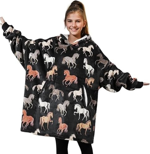 Horse Gifts for Girls, Women, Horse Lovers, Wearable Horse Flannel Blanket Hoodie, Super Soft Warm Cozy with 2 Pockets - One Size Fits Most