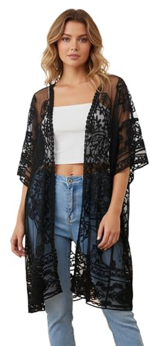 Edhomenn Bikini, täcka upp långärmad spetskofta broderitryck, cardigan smock kimono, lång strandklänning, 023 Svart, en storlek