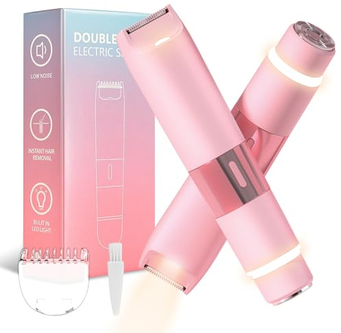 Tondeuse de bikini pour femme – Rasoir électrique indolore 2 en 1 pour femme, IPX7, étanche, rechargeable, double tête, rasoir électrique pour femme, bikini, aisselles, corps, jambes, visage – Rose