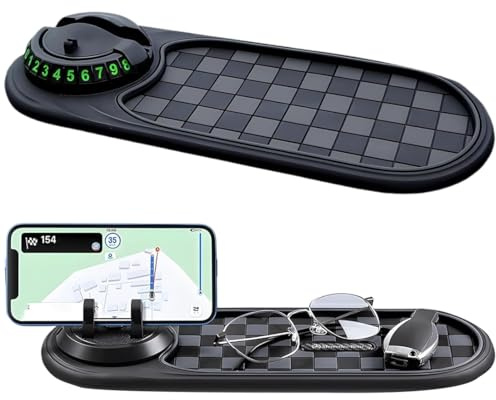 YAYNO Tappetino antiscivolo multifunzione per auto Tappetino per cruscotto del telefono 'auto Supporto per telefono cellulare con supporto girevole a 360° e targa temporanea per parcheggio