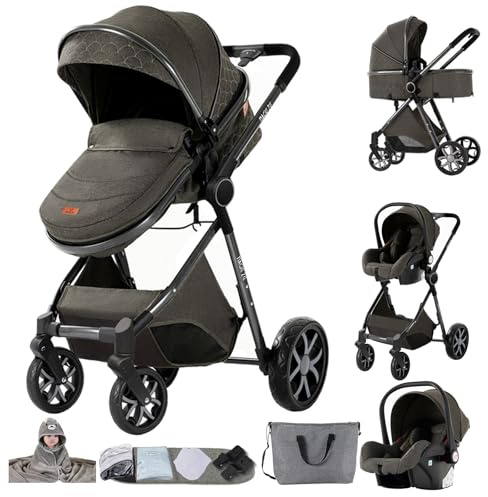MoLi Kinderwagen 3 in 1, Kinderwagen Set Umkehrbarem Doppelschiebemodus, Kombikinderwagen 3 in 1 Großer Bequemer Babywanne, Buggy Rahmen Aluminiumlegierung Faltbar Hohe Landschaft (YV9 Deep Grey)