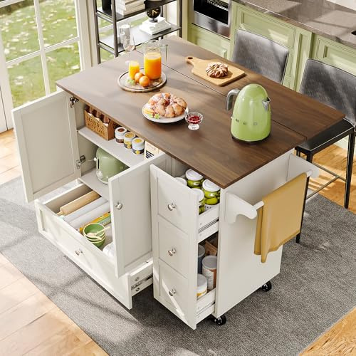 Aislinglen Kitchen Island - Carrello da cucina con piano di lavoro pieghevole, con 2 ante e 3 cassetti, Kitchen Island con porta asciugamani e portaspezie, per esterni, colore: Bianco