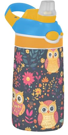 CHIFIGNO Borraccia sportiva per bambini con simpatico gufo floreale scuro per la scuola, bottiglia d'acqua in Tritan da 473,6 ml con cannuccia, tazza portatile per bambini riutilizzabile, maniglia per
