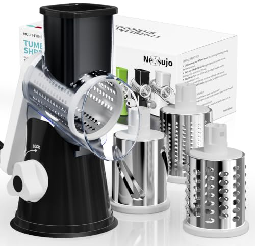 Nexsujo Cheese Grater Hand Crank, Rotary Cheese Shredder with 3 Interchangeable Blades for Coarse, Fine Shredding and Slicing, Strong Suction Base for Pizza, Pasta, Salad, Vegetables, Nuts, Chocolate