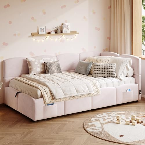 Merax Kinderbett Polsterbett 90x200cm Tagesbett Schlafsofa, mit hydraulischem Stauraum, Lattenrost, USB Ladefunktion, Stautasche, für Kinder&Jugendliche, Samtstoff, Rosa(ohne Matratze)