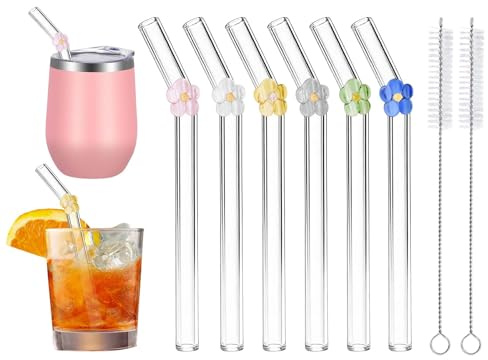 6 Stück Glasstrohhalm Kurz, Wiederverwendbar Glas Strohhalm | Spülmaschinenfest, bruchsicher, Borosilikatglas, Glasstrohhalme mit Blumen Motiv, Glasstrohhalm Gebogen für Kaffee, Whiskey