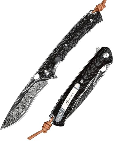 SDOKEDC Damast Taschenmesser mit Clip, Damastmesser Klappmesser Ebenholzgriff, Scharfes EDC Survival Messer für Männer, Camping Angeln Bushcraft Rettungsmesser