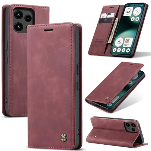 WJXEXRS Coque pour Nothing Phone 3A Lite, Etui Premium Housse en Cuir Pochette Protection Portefeuille, Rabat Clapet Case, Pliable Support Porte Carte Magnétique Étui Nothing Phone 3A Lite -Vin Rouge
