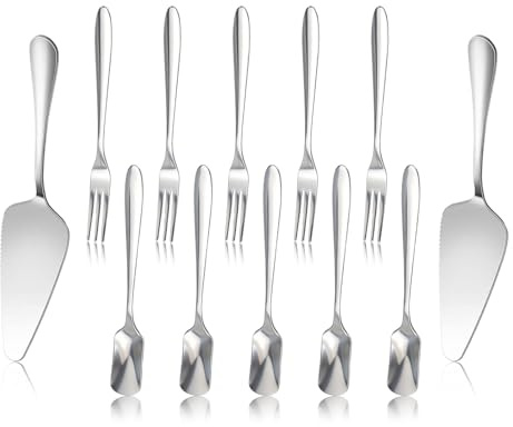 Mulaibdin 12 Pcs Cake Slice & Forks, Cake Knife and Server Set with Dessert Spoons, Stainless Steel Pastry Forks & Ice Cream Spoons for Wedding,Party,Home,Kitchen,Fruit,Pickle,Antipasti(Silver)