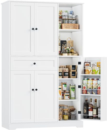 FirFurd Armoire de Cuisine Meuble Cuisine Rangement avec 5 Portes 13 Étagères 1 Tiroir Vaisselier Meuble de Rangement pour Salon, Salle à Manger 104x40x173cm Blanc