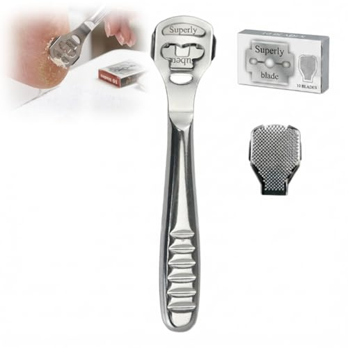 Stainless Steel Foot File Remover with 10 Replacement Heads for Hard Skin Removal, Pedicure Foot Care Tool for Dry & Wet Feet, Soft & Smooth Heel and Sole Treatment