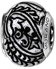 Thabora charms coulissant argent rhodié (Argent 925‰ + protection Rhodium) Murano motif noir + suédine (offerte) + Certificat d'Authenticité Argent 925‰