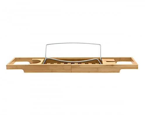 Nicol 9330500 Helge Badewannenablage mit Buchstütze, Wannentablett mit Glashalter, Badewannenauflage ausziehbar, Badewannenregal