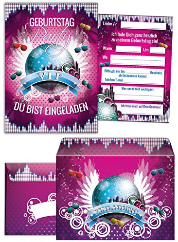 JuNa-Experten 12 Einladungskarten zum Geburtstag VIP incl. 12 Umschläge/Mädchen/Kindergeburtstag/Erwachsene/Disco-Party