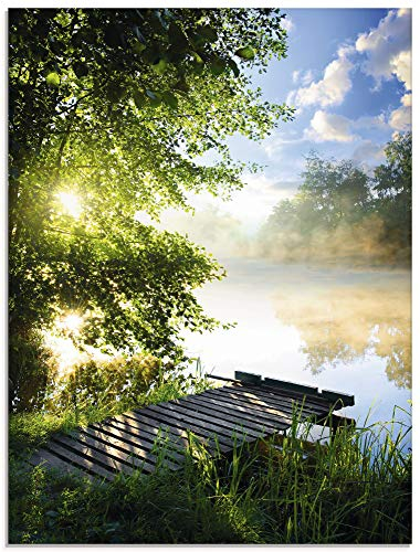 ARTland Wanddeko Glasbilder Wandbild Glas Bild einteilig 60x80 cm Hochformat Natur Landschaft Wald Baum See Steg Sommer Sonne Gräser T0WD