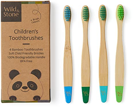 Wild & Stone | Organic Children's Bamboo Toothbrush | 4 Pack | Soft Fibre Bristles | 100% Biodegradable Handle | BPA Free | Vegan Eco Friendly Kids Toothbrushes (Aqua)