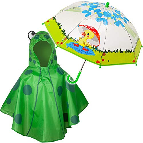 alles-meine.de GmbH 2 TLG. Set: Regenschirm + 3D Effekt - Regenponcho - süße Ente & Frosch - Kinderschirm - Ø 70 cm - durchsichtig & durchscheinend - transparent - Regencape - Ki..