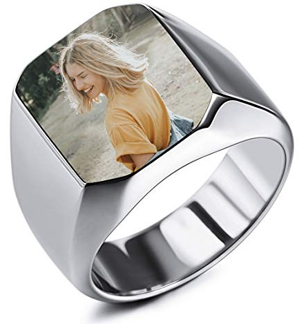 INBLUE Personalizado Foto Anillo de Sello Negro Imagen para Hombres Mujeres Memorial Joyería de Acero Inoxidable Paquete con Ajustadores de Tamaño de Anillo (Plata Color)