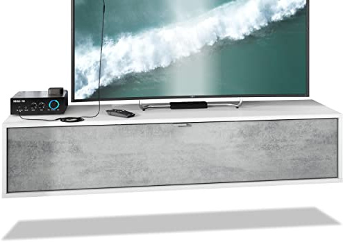 Vladon TV Board Lana 140 Hängeschrank Lowboard 140 x 29 x 37 cm, Made in Germany, Korpus in Weiß matt, Fronten in Beton Oxid Optik | Große Farbauswahl