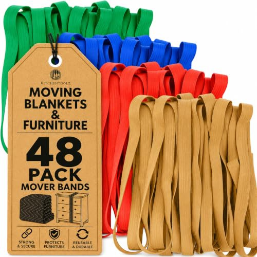 kitchentoolz 48 Pack Mover Bands – Extra Large Rubber Bands for Furniture & Moving Blankets – Heavy-Duty Stretch Bands in 4 Sizes (25, 30, 36, 42)