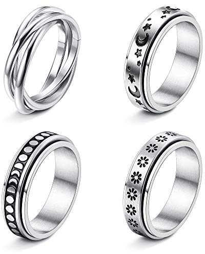 FUNRUN JEWELRY 4–6 st spinnring i rostfritt stål för kvinnor herr fidgetbandringar måne stjärna keltisk stress lindrar breda bröllopslöftesringar set, Metall