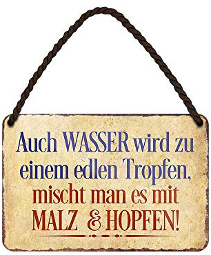 Malz & Hopfen - lustiges Bierspruch Blechschild - witziges Retro Deko Metallschild mit Kordel und Saugnapf - Dekoration Werkstatt Partykeller Biergarten Partyraum - Geschenk Biertrinker - 18x12cm