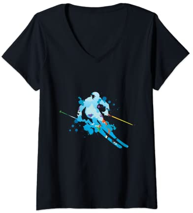 Damen Splash Ski Alpin Skilehrer Skifahren Wintersport T-Shirt mit V-Ausschnitt