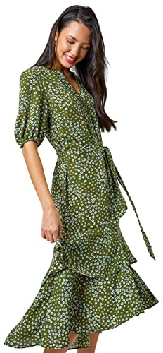 Roman Frill Dress for Women UK Ladies Summer Wrap Chiffon Frill Hem Layered Belted Midi Maxi Tiered Cape Special Occasion Fit & Flare Wedding Guest Swing Skater
