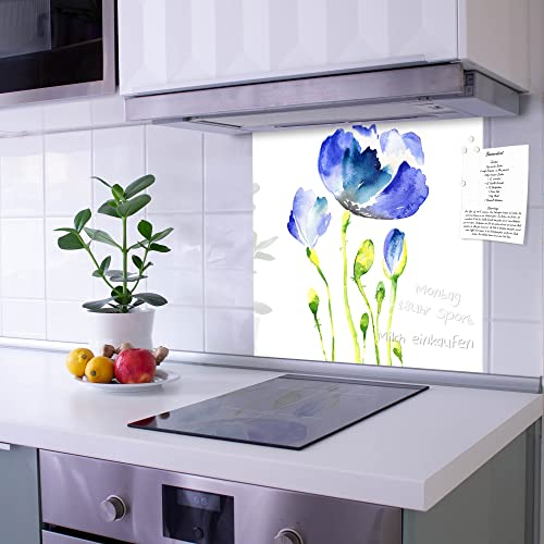 banjado Küchenrückwand Glas ohne Bohren 70x70cm – Glasrückwand Küche mit Motiv Blauer Mohn/Spritzschutz Küchenrückwand Glas/selbstklebende Küchenrückwand Platte - magnetisch & beschreibbar