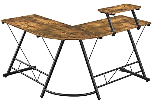 Yaheetech Escritorio Gaming con Esquina Redondeada Escritorio Gamer en Forma de L con Soporte de Monitor Gancho para Oficina Despacho Mesa para Computadora Madera Vintage 130x130x96,5cm