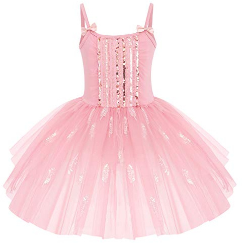 Robe Ballet Fille Tutu Danse Classique sans Manches Bretelles Spaghetti avec N�UD Papillon Tulle Paillettes Plume Justaucorps Gymnastique Costume Ballerine Princesse Une Pi�ce Rose 7-8 Ans