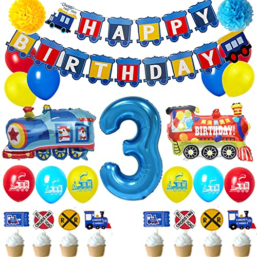 3rd Birthday Boys Train Party Supplies - Foil Balloons, Banner, Latex Balloons, Cake Topper for Kids Train Party Decoration