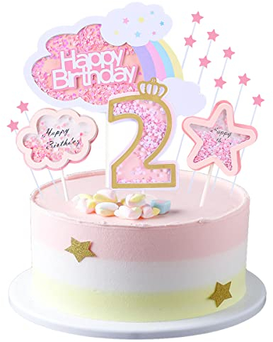 Kawailay 2 decorazioni per torte di compleanno, per ragazze, 2 pezzi, Happy Birthday, arcobaleno, per torte, nuvole, stelle, coperchio per ragazze, rosa