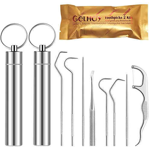 Toothpicks Pocket Set, Dental Floss Picks Kit Reusable, Stainless Steel Teeth Cleaning Tools, Tooth Picker Oral Hygiene Travel (2 Set)