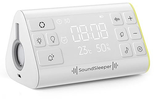SoundSleeper White Noise Machine and Relaxation Aid with Voiced Relaxation Script, 33 Sounds, Digital Clock, Temperature & Humidity Monitors, and Nightlight. Portable, Rechargeable Sleep Aid.