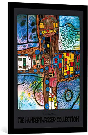 kunst für alle Bild mit Bilder-Rahmen: Friedensreich Hundertwasser Straßenkreuzung - dekorativer Kunstdruck, hochwertig gerahmt, 59x84 cm, Schwarz matt