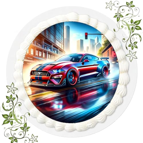 Für den Geburtstag ein Tortenbild, Zuckerbild mit Motiv Ford Mustang, Essbares Foto für Torten, Tortenbild, Tortenaufleger Ø 20cm FONDANT Muscle Car Nr. 11
