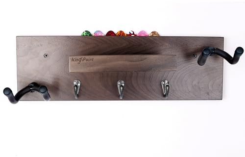 KingPoint Supporto da parete per chitarra, in legno, con 3 ganci in metallo e porta plettri, per chitarre elettriche e acustiche, in legno di noce nero