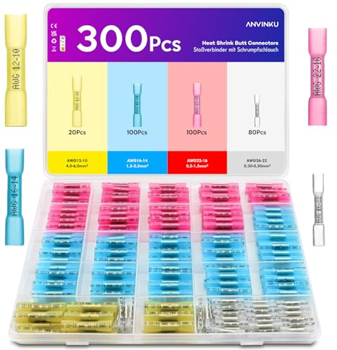 ANVINKU Lot de 300 connecteurs à sertir avec gaine thermorétractable | 10-22 AWG - Lot de 4 connecteurs à sertir étanches pour auto, bateau, marine, étanche, pose rapide, bonne conduction