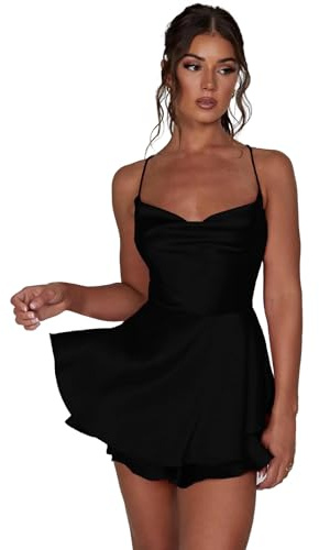 AGYMNX Women Sexy Spaghetti Strap Satin Dress Sleeveless Low Cut Backless Short Romper Dress Party Jumpsuit Mini Sundress Black