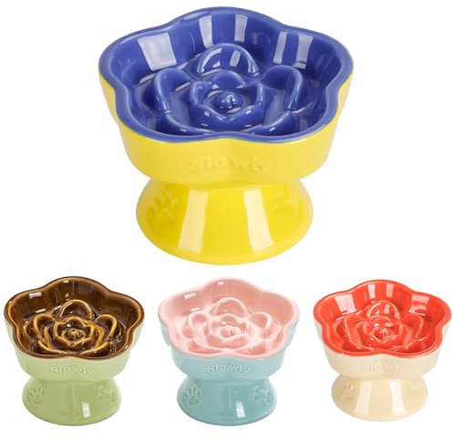 S&Q's CERAMICS Raised Slow Feeder Cat Bowl, Ceramic Elevated and Titled Pet Food Bowl, Small Dogs Slow Feeder, Flower Shaped Dish for Dry and Wet Food (Blue, 5.8)