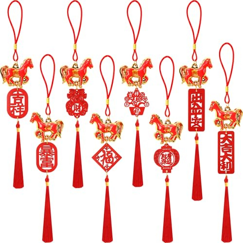 JUNEBRUSHS 16Pcs Chinese New Year Decorations 2026 Year of Horse Lucky Charm Feng Shui Tassel Hanging Pendants Ornaments for New Year Home Health Wealth Success Lucky Decor