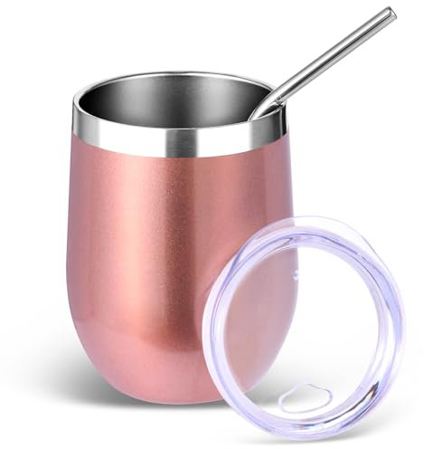 Volhoply Bicchiere da vino in acciaio inox da 350 ml, con coperchio e cannuccia, a doppia parete, isolamento sottovuoto, senza stelo, riutilizzabile, da viaggio, per bevande fredde, bicchieri da