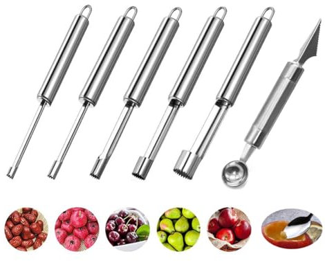 Corer and Pitter 5 Sizes Multi-Function Fruit Corer and Pitter Remover Set Stainless Steel Apple Pear Fruit Seed Corer Pitter for Home Kitchen, Pear, Cherry (5 Size＋1 Digging Fruit Ball Scoop)